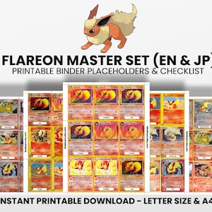 Flareon (inglés y japonés) Set Maestro con Lista de Verificación / Marcadores de Posición Imprimibles de Pokémon para Carpeta