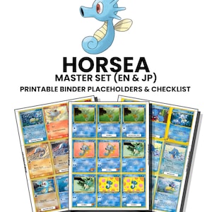 Könnte beinhalten: Ein digitales druckbares Set mit einer hellblauen Horsea-Charakterillustration über dem Text HORSEA MASTER SET (EN & JP) PRINTABLE BINDER PLACEHOLDERS & CHECKLIST, das mehrere Reihen von Sammelkartenbildern sowie INSTANT PRINTABLE DOWNLOAD - COLOR & GREYSCALE zeigt.