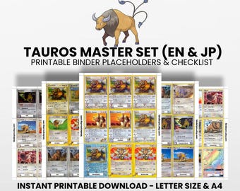 Tauros (English & Japanese) Master Set with Checklist | Pokémon Printable Placeholders for Binder