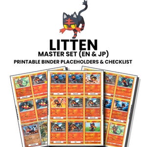 Könnte beinhalten: Ein digitales druckbares Set mit Litten, mit dem Text LITTEN MASTER SET (EN & JP) PRINTABLE BINDER PLACEHOLDERS & CHECKLIST. Das Bild zeigt mehrere Reihen kleiner, rechteckiger Grafiken im Stil von Sammelkarten mit orangefarbenem Hintergrund.