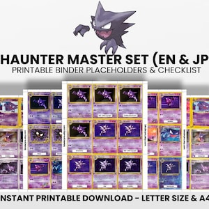 Puede incluir: Un conjunto de tarjetas imprimibles Haunter Master, con un personaje fantasma morado. Las tarjetas están dispuestas en filas y columnas, con el texto "HAUNTER MASTER SET (EN & JP)" y "PRINTABLE BINDER PLACEHOLDERS & CHECKLIST". Disponible en tamaño Carta y A4.