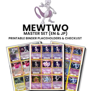 Può includere: Una raccolta digitale di segnaposto e liste di controllo per raccoglitori di carte collezionabili Mewtwo. Il documento riporta il testo MEWTWO MASTER SET (EN & JP) PRINTABLE BINDER PLACEHOLDERS & CHECKLIST con varie illustrazioni.