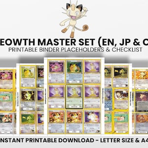 May include: A collection of printable Meowth Pokémon trading card placeholders and checklist. The cards are arranged in rows and columns, with a cartoon Meowth character at the top. Text includes "MEOWTH MASTER SET" and "PRINTABLE BINDER PLACEHOLDERS & CHECKLIST".