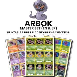 Puede incluir: Una colección digital de marcadores y listas de verificación para carpetas de cartas coleccionables Arbok. El gráfico presenta una ilustración de cobra morada y el texto ARBOK MASTER SET (EN & JP) PRINTABLE BINDER PLACEHOLDERS & CHECKLIST.