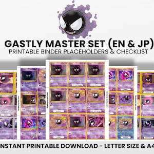 May include: A set of Gastly Pokémon trading cards, featuring a purple and black colour palette. The cards are arranged in a grid, showcasing the Gastly character. The text "GASTLY MASTER SET (EN & JP)" is visible at the top of the image.