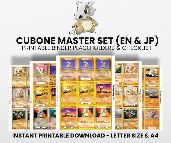 Cubone (English & Japanese) Master Set with Checklist | Pokémon Printable Placeholders for Binder