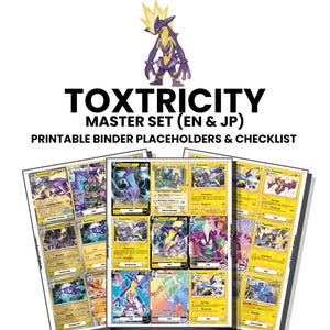 Könnte beinhalten: Eine digitale Sammlung von Toxtricity-Sammelkarten-Ordner-Platzhaltern und Checklisten. Das Set zeigt oben eine violett-gelbe Charakterillustration mit dem Text TOXTRICITY MASTER SET (EN & JP) PRINTABLE BINDER PLACEHOLDERS & CHECKLIST.