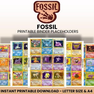Könnte beinhalten: Druckbare Ordner-Platzhalter mit dem Fossil-Set von Pokémon-Karten. Das Bild enthält das Fossil-Logo und den Text "Fossil Printable Binder Placeholders" und "Instant Printable Download - Letter Size & A4".