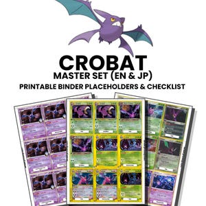 Puede incluir: Una colección digital de marcadores y listas de verificación imprimibles para carpetas de cartas coleccionables Crobat. El documento incluye una ilustración de un murciélago morado y el texto CROBAT MASTER SET (EN & JP) PRINTABLE BINDER.
