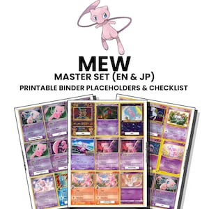 Può includere: Una collezione digitale di segnaposto e liste di controllo per raccoglitori di carte collezionabili Mew con il testo MEW MASTER SET (EN & JP) PRINTABLE BINDER PLACEHOLDERS & CHECKLIST e INSTANT PRINTABLE DOWNLOAD.