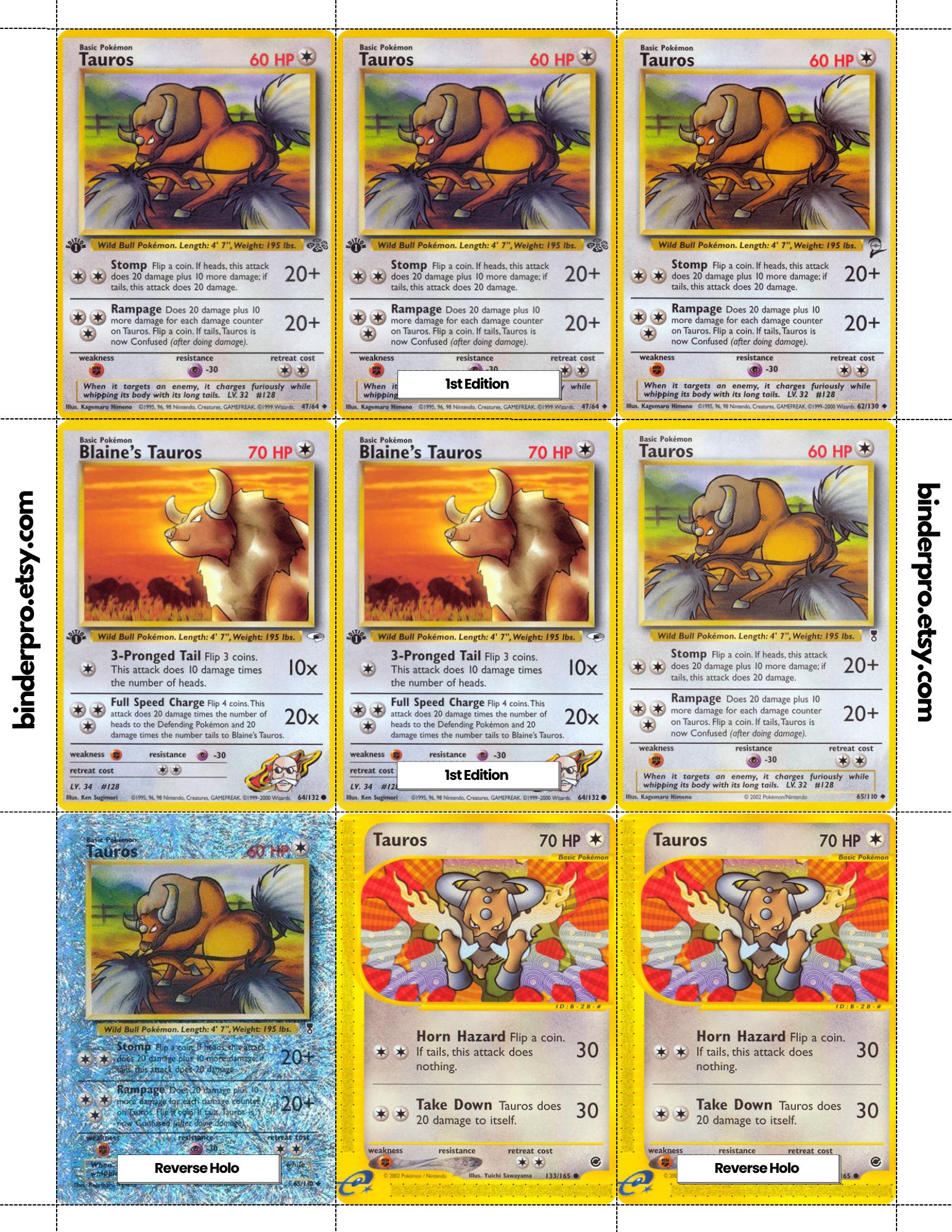 japanese tauros pokemon card Tauros (english & Japanese) Master Set With Checklist | Pokémon Printable  Placeholders for Binder