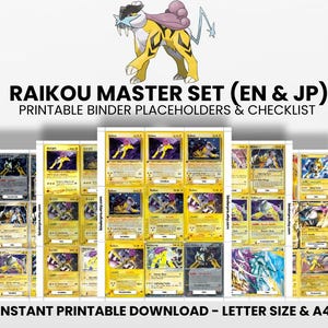 May include: A printable Raikou Master Set checklist featuring English and Japanese trading card placeholders. The document displays numerous yellow-themed card illustrations with the text Raikou Master Set (EN & JP) and Instant Printable Download.