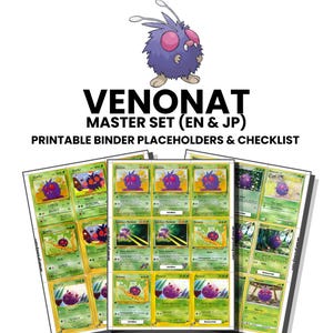May include: A digital collection of Venonat trading card binder placeholders and checklists in English and Japanese. The set features a purple Venonat character illustration and multiple green-themed trading card designs on printable sheets.