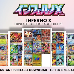 Könnte beinhalten: Eine Sammlung farbenfroher Sammelkarten-Platzhalter mit dem Text "INFERNO X" in einer stilisierten Schriftart. Die Karten zeigen verschiedene Illustrationen und Designs. Das Bild enthält auch den Text "PRINTABLE BINDER PLACEHOLDERS" und "INSTANT PRINTABLE DOWNLOAD - LETTER SIZE & A4".