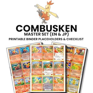 May include: A digital collection of Combusken trading card binder placeholders and a checklist. The set features various Combusken character illustrations on orange and yellow cards, with text reading COMBUSKEN MASTER SET (EN & JP).