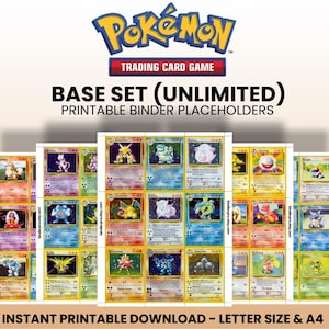 May include: Printable binder placeholders featuring Pokémon trading cards from the Base Set (Unlimited). The image includes the Pokémon logo and text that reads "Trading Card Game." The cards are arranged in rows and columns, with various Pokémon characters visible.