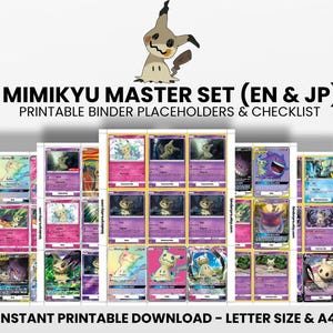 Mimikyu (inglés y japonés) Juego maestro con lista de verificación / Marcadores de posición imprimibles de Pokémon para carpeta