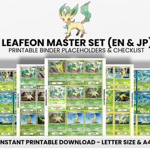 Conjunto completo de Leafeon (inglês e japonês) com lista de verificação | Marcadores de posição imprimíveis de Pokémon para fichário