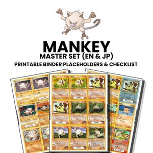 May include: A digital collection of Mankey trading card binder placeholders and checklists in English and Japanese. The set features various Mankey character illustrations on card-style layouts, presented in a grid format for printing.