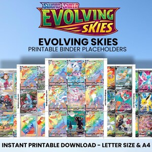Könnte beinhalten: Eine Sammlung farbenfroher Platzhalter für Sammelkarten mit dem Thema "Evolving Skies". Das Bild enthält den Text "Evolving Skies Printable Binder Placeholders" und "Instant Printable Download - Letter Size & A4". Die Karten haben verschiedene Illustrationen.