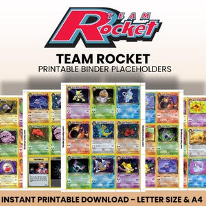May include: Printable binder placeholders featuring Team Rocket and various Pokémon trading cards. The design includes the Team Rocket logo in red and blue, with the text "TEAM ROCKET" and "PRINTABLE BINDER PLACEHOLDERS". The cards are arranged in rows.