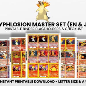 May include: A display of Pokémon trading cards, showcasing the character Typhlosion. The cards are arranged in a grid, with vibrant colours and text. The text at the top reads "TYPHLOSION MASTER SET (EN & JP)". The bottom text reads "INSTANT PRINTABLE DOWNLOAD - LETTER SIZE & A4".