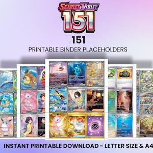 Op de afbeelding: Een verzameling afdrukbare kaarthouders met de tekst "SCARLET & VIOLET 151" en "PRINTABLE BINDER PLACEHOLDERS." De kaarten tonen diverse kleurrijke illustraties, gerangschikt in rijen. De tekst "INSTANT PRINTABLE DOWNLOAD - LETTER SIZE & A4" is ook zichtbaar.