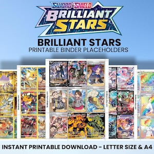 May include: Printable binder placeholders with a "Brilliant Stars" theme. The image shows various colourful trading card designs with the text "Sword & Shield Brilliant Stars". The text "Instant Printable Download - Letter Size & A4" is also visible.
