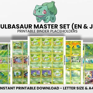 Peut inclure: Ensemble de marque-pages imprimables Bulbasaur Master Set. Les cartes présentent des illustrations de Bulbasaur et du texte en anglais et en japonais. Le texte en haut indique "BULBASAUR MASTER SET (EN & JP)". Le texte en bas indique "INSTANT PRINTABLE DOWNLOAD - LETTER SIZE & A4".