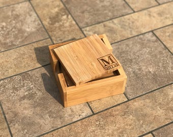 Initial and Name Custom Bamboo Coaster Set with holder - Give the gift that will not be re gifted