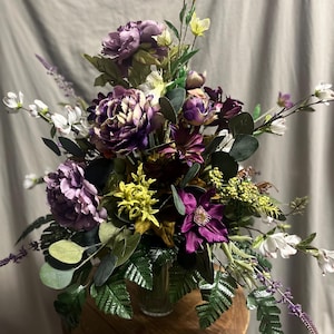 Purple Cemetary Vase Memorial Arrangement, grave flowers, silk arrangement