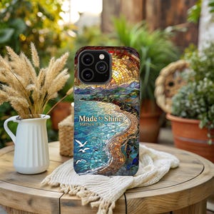 Inspirational Beach Design iPhone Case- Colorful Stained Glass Mosaic Artwork, Made to Shine Christian Art, Gift for Nature Lover