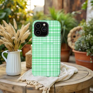 Grün Gingham karierte Handyhülle, iPhone 16, 15, 14 13, 12, 11, X, XR, XS, Google Pixel 9, 8, 7, 6, Samsung Galaxy 25, 24, 23, 22, 21