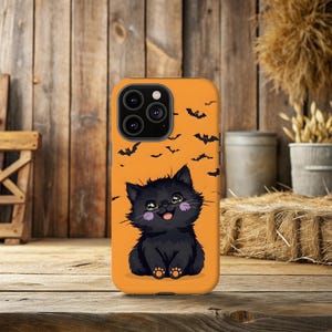 Bonita funda de gato negro para Halloween, funda kawaii para iPhone para amantes de los gatos, con aires otoñales, regalo otoñal, funda para iPhone 16, funda de murciélago