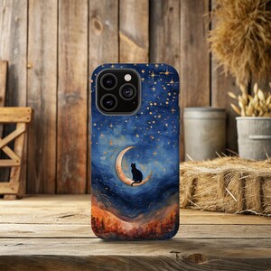 Funda para teléfono con diseño de gato y luna, funda para iPhone 16 con diseño de gato negro, funda para teléfono con diseño de galaxia y noche estrellada, regalo para amantes de las mascotas, accesorio con un toque otoñal, Halloween místico