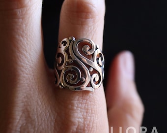 Anillo de plata de ley con espiral, banda ancha de filigrana, joyería bohemia con estilo, anillo de enredadera, anillo unisex, anillo de filigrana