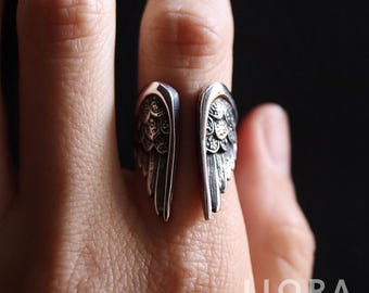 Anillo de alas de ángel de plata esterlina, anillo de ángel de la guarda ajustable, anillo de pluma de plata 925 para mujeres y hombres, joyería de protección y fe.