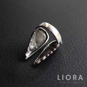 Puede incluir: Un anillo plateado con dise&ntilde;o de ala. El anillo presenta dos alas estilizadas que se extienden desde la banda, con texturas detalladas en forma de plumas. El anillo est&aacute; sobre un fondo oscuro.