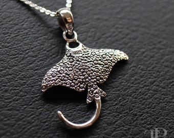 Sterling Silver Manta Ray Pendant Necklace, Textured Ocean Jewelry