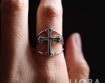 Bague croix en argent sterling oxydé, bijoux chrétiens gothiques
