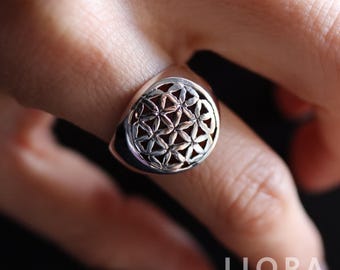 Anillo de plata de ley con flor de la vida, geometría sagrada 925, símbolo de mandala para mujer y hombre, anillo de flor