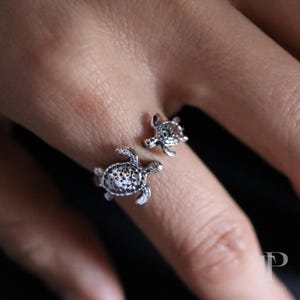 Ring med dubbel havssköldpadda i sterlingsilver, justerbar öppen arm