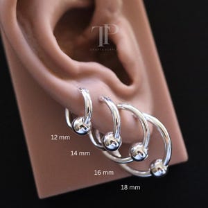 Puede incluir: Pendientes de aro plateados con detalle de bola, presentados en cuatro tamaños: 12 mm, 14 mm, 16 mm y 18 mm. Los pendientes se muestran en una oreja, destacando su diseño. Los pendientes brillantes y reflectantes son un clásico de la joyería.