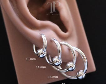 925 Sterling Silver Hoop Earrings With Ball Charm, 2mm Thick Hoops