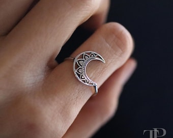 Bague en argent sterling avec croissant de lune, bijoux géométriques bohèmes célestes