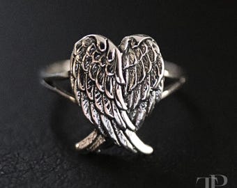 Anillo de alas de ángel en plata de ley 925, anillo de alas de corazón, anillo de alas de ángel, doble ala, regalo de alas para ella, anillo de corazón