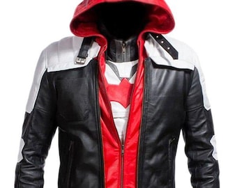 Men&#39;s Red and Black Arkham Knight Hooded Leather Jacket – Stylish Biker Streetwear