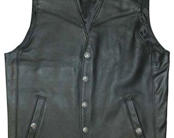 Men’s Black Leather Biker Vest – Classic Western Style Genuine Leather Snap Button Vest