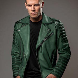 Veste en cuir Charles Burnt Green – Coupe ajustée en peau de mouton nappa souple avec fermeture éclair argent antique