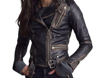 Women&#39;s Distressed Black Leather Biker Jacket – Premium Sheep Leather